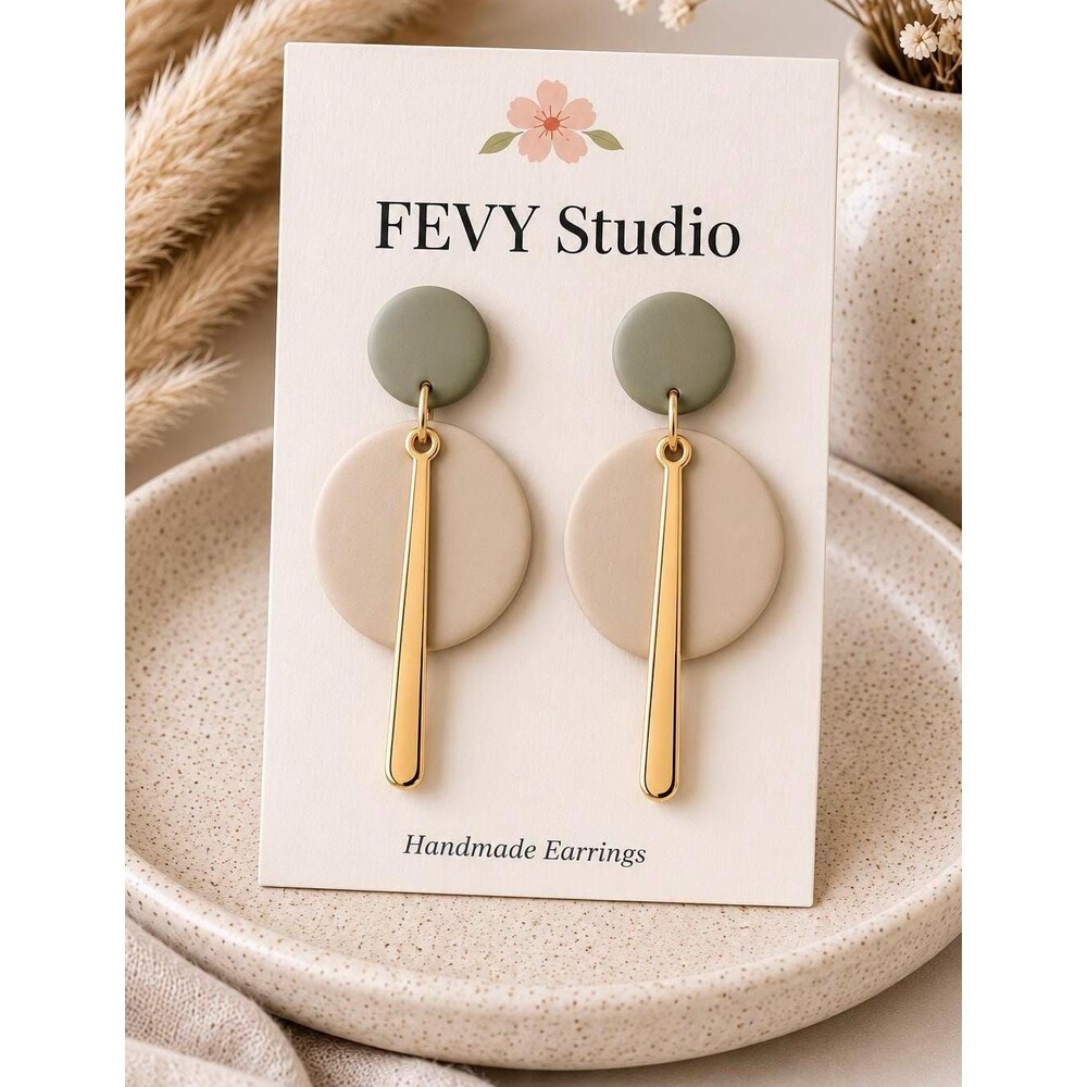 Sage Green Beige Polymer Clay Dangle Earrings | Minimalist Statement